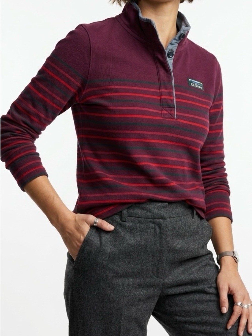 L.L. Bean Soft Cotton Rugby Striped Henley Pullover Gorpcore Burgundy Red S